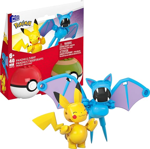 MEGA Pokemon Building Toys Set Pikachu & Zubat with 40 Pieces, 2 Poseable Characters and Poke Ball, 2 Inches Tall, for Kids