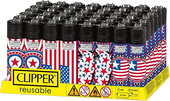 Clipper Lighter 48 Ct National Stars - Safe Butane Clipper Lighter - Refillable Lighters in Assorted Colors - Reusable Candle - Soft Flame Lighter - Cute Lighter Pack of 48
