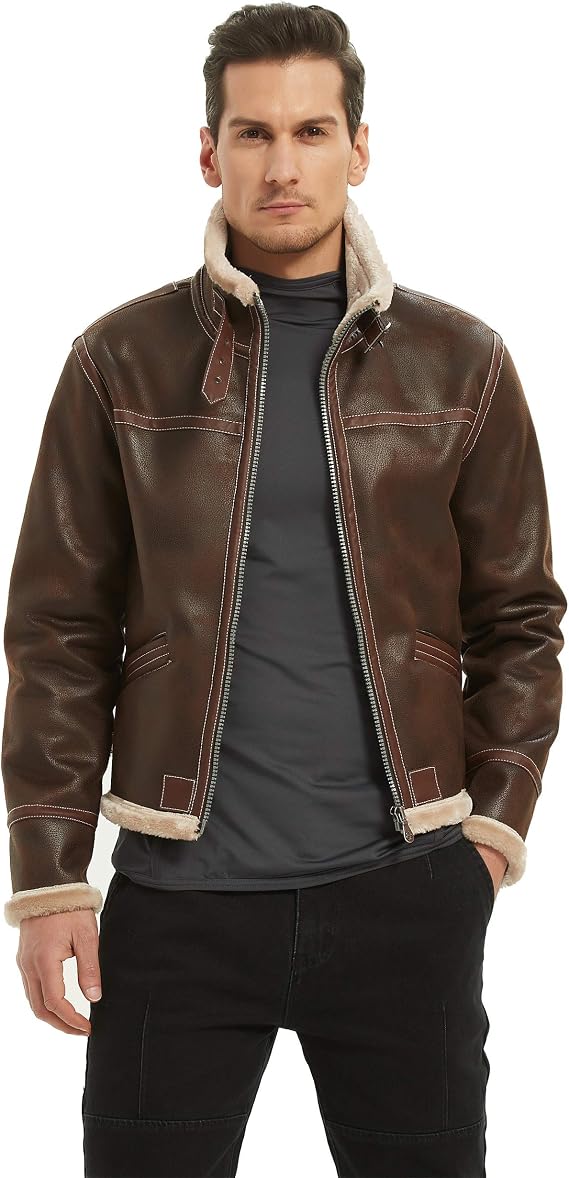 Men's Brown Faux Leather Jacket, Faux Fur Collar Cosplay Coat | Brown faux leather look, soft faux fur collar, bomber style, for cosplay, theme parties, motorcycle outfits, and casual wear