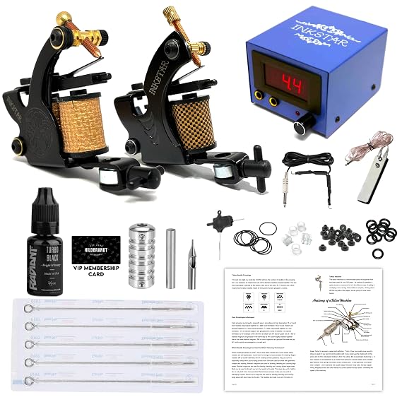 Tattoo Kit w/Traditional Coil Tattoo Machines TKI2CC20 Professional Hand Tuned Liner Shader - 8/10 Wrap Coils, Digital Power Supply, Crash Course Book, 2 Training Video Courses & More
