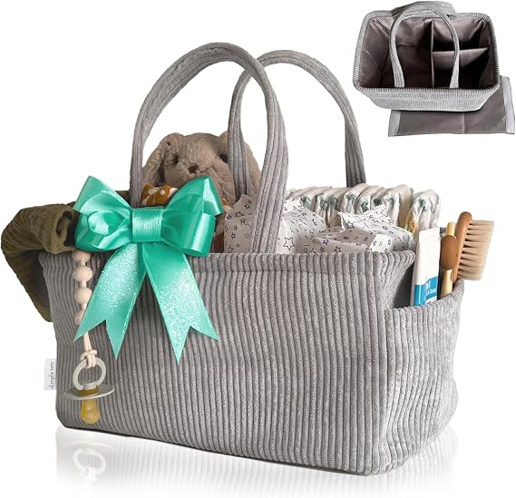Newborn Essentials - Diaper Caddy, Car Travel Basket, Unisex Baby Gifts, Newborn Travel Basket, Organizer, Bunny Grey