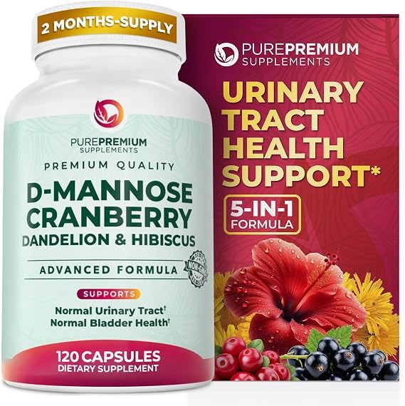 PurePremium D-Mannose with Cranberry 1000mg Urinary Tract Health, 120 caps | D Mannose Supplements for Women with Cranberry, Hibiscus, Dandelion & Black Currant, Supports Bladder Health, Vegan, Non-GMO