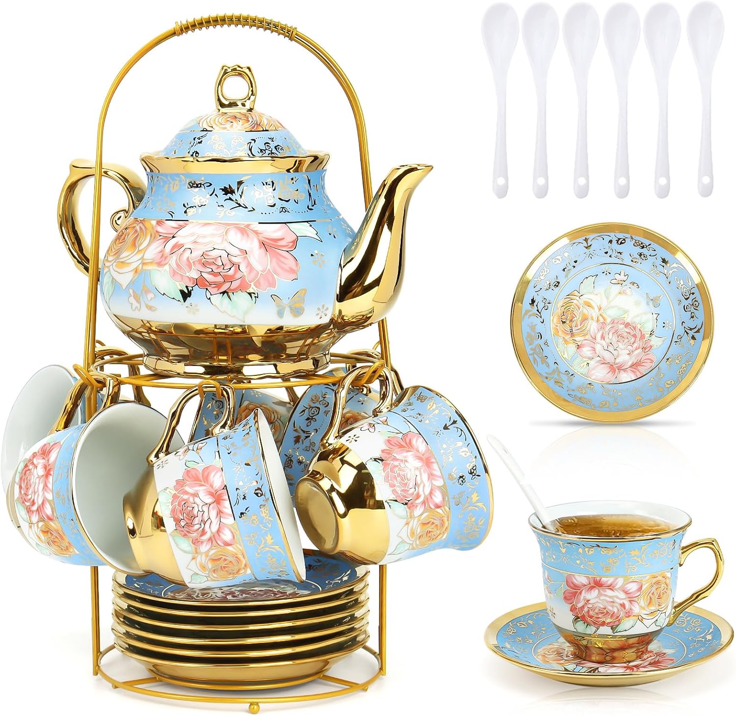 Tea Set 20 PCS Ceramic Tea Cup and Saucer Set, European Style Teacup Teapot Set with Metal Holder, Luxury Tea Coffee Serving Set for 6 Person, 160ml Porcelain Cup 700ml Teapot for Wedding Party Gift