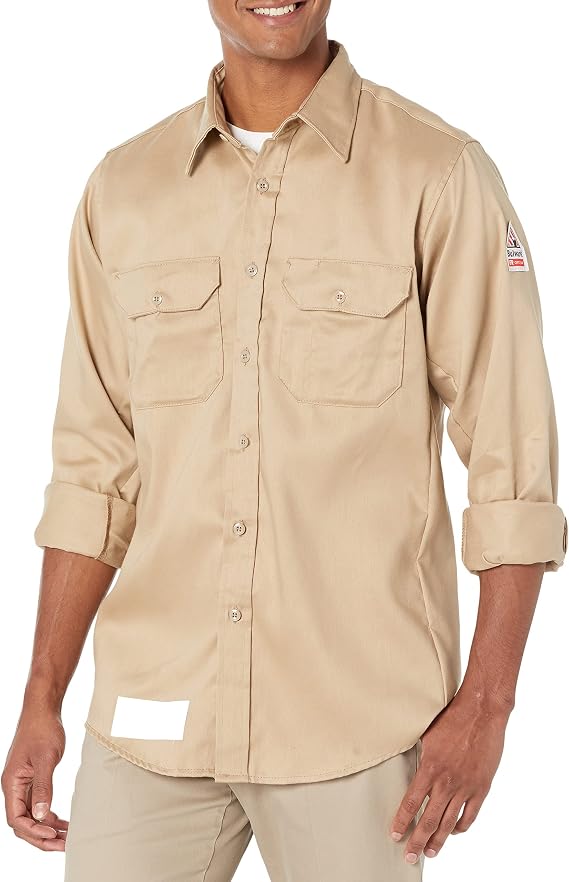 Bulwark Flame Resistant 6 oz Cotton/Nylon Excel FR ComforTouch Regular Uniform Shirt with Straight Back Yoke, Topstitched Cuff, Khaki, Large