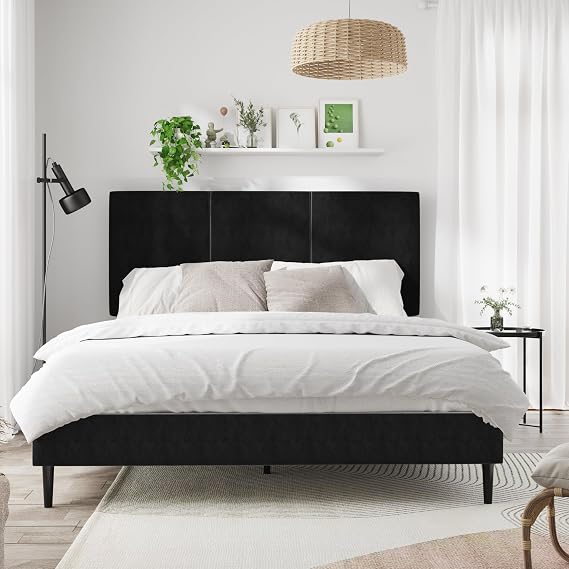 IOILORI Queen Size Bed Frame with Upholstered Headboard, Sturdy Wood Slats, No Box Spring Required, Silent, Easy Assembly, Black