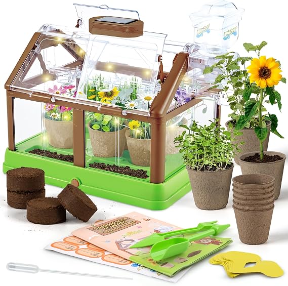 Kids Plant Growing Kit - Kids Greenhouse & Flower Growing Kit with Upgraded Irrigation & Grow Light Perfect Gardening for Kids(Solar Green)