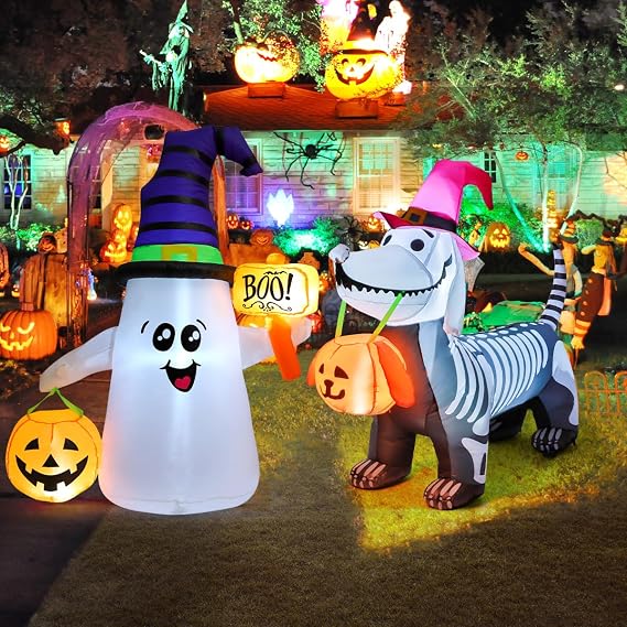 GOOSH 5Ft Halloween Inflatables Outdoor Decorations Skeleton Puppy and 5 FT Halloween Inflatables Ghost Bundle