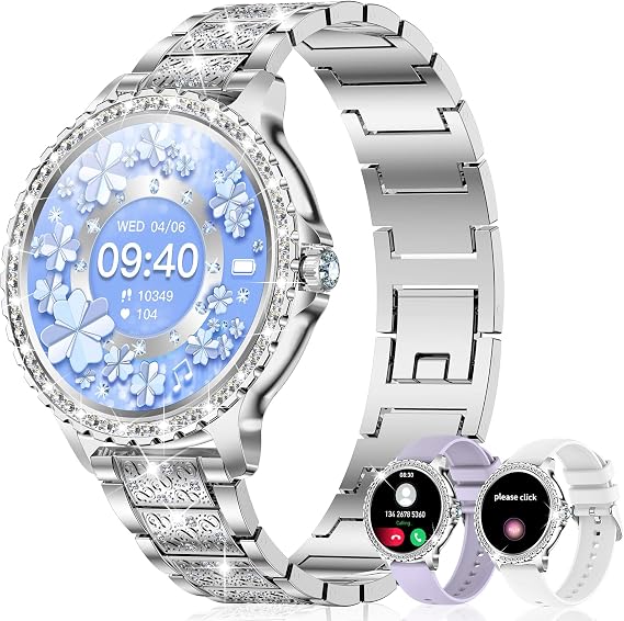 Smart Watches for Women Diamonds (Answer/Make Call),1.32''Touchscreen Smart Watch for Android iOS with Heart Rate/Sleep/BP,Smart Watch for Android Phones With AI Voice,3 Bling Straps