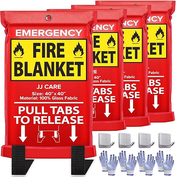 JJ CARE Fire Blanket 4 Packs with Hooks and Gloves 40 x 40 Fire Blankets Emergency for Home and Kitchen, High Heat Resistant and Flame Protection for Kitchen, Car, Office, Camping & Home Safety
