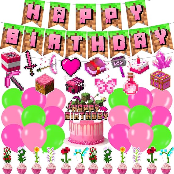 Pink Pixel Birthday Party Decorations.Pink Pixel for Mining Gamer Party Supplies Pixel Banner Swirls Cake Toppers Gaming Parties Set for Mining Video Game Parties Decorations