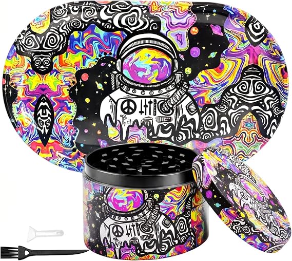 Herb Grinder Set, Large Spice Grinder 63mm(2.5 inch),4 Layers Full Color Painting Metal Grinder with Rolling Tray and Pollen Scraper, Brush (Astronaut Design)