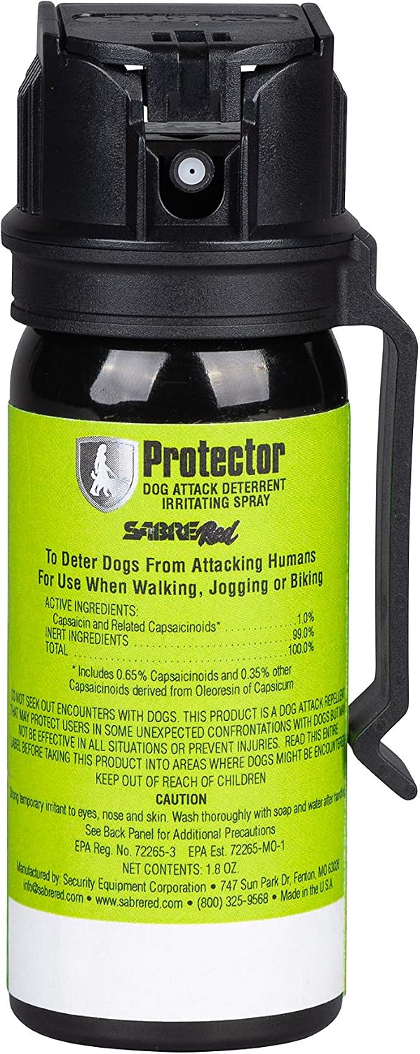 SABRE RED SABRE Protector Dog Pepper Spray & Belt Clip, Fast Flip Top Safety, 7 Bursts, 15-Foot 4.6-Meter Range, Humane Dog Attack Deterrent, Max Strength Allowed By EPA for Self Defense, 1.8 fl oz