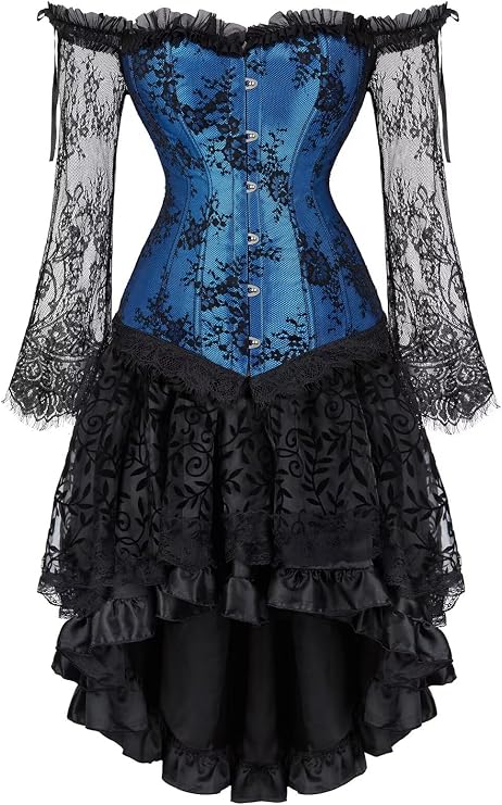 Jutrisujo Corset Top Skirt Set Dress Bustier Lace Long Sleeves Floral Plus Size Costume Halloween Women