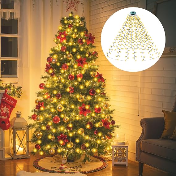 Rintea Waterfall Christmas Tree Lights Indoor, 6.6FT x 16Line 400LEDs, Warm White Xmas Tree Lights Waterproof, Plug-in, 8 Modes for Indoor and Outdoor Use [Energy Class G]