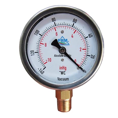 PRM Vacuum Gauge 0 to -10 inHg / 0 to -140" WC, 2.5 Inch Stainless Steel Case, Brass Internals, 1/4 Inch NPT Bottom Mount, Liquid Filled - 1.5% Accuracy, Glycerin Damped