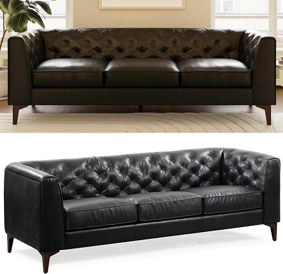 POLY & BARK Essex 89 Full-Grain Italian Leather Sofa Tufted Back, Feather-Down Comfort, Solid Wood Frame, Onyx Black