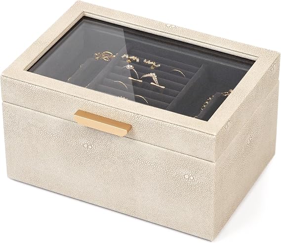 CASE ELEGANCE Petite 3-Tier Jewelry Box - Storage & Display Case | Shagreen vegan leather, velvet lined, brass hardware