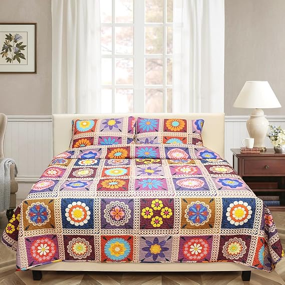 Patchwork Quilt Set King Size 3 Pieces Set Quilts Crochet Style Bohemian Bedspread Coverlet Set for All Season Reversible Boho Bed Cover Bedding Set 1 Quilt and 2 Pillow Shams, 96" x 106"
