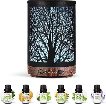 Oil Diffuser with Essential Oils Set, Aromatherapy Diffuser with 7 Color Lights and Auto Shut-Off, Cool Mist Diffuser with 6 Oils Gift Pack for Home Office Tree with Oils