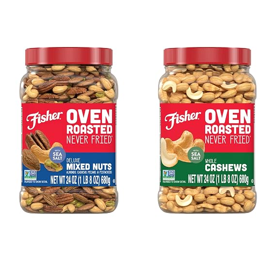 Fisher Oven Roasted Never Fried Deluxe Mixed Nuts, 24 Ounces (1 Pack) + Fisher Oven Roasted Never Fried Whole Cashews, 24 Ounces (1 Pack), Snacks for Adults