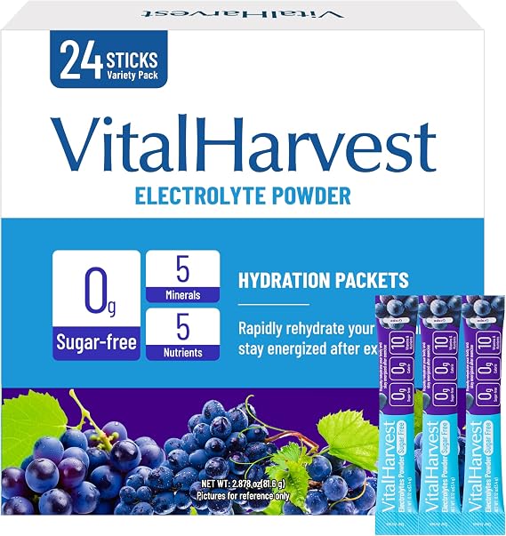 24 Sticks Electrolytes Powder Packets 7 Flavors Sugar Free Hydration Packets Liquid Daily IV Drink Mix, Low Sodium, Grape