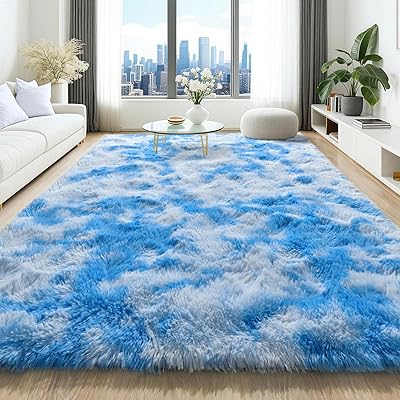 HQAYW 4x6 Fluffy Blue White Area Rugs for Living Room Bedroom, Ultra Soft Plush Shaggy Bedside Rug, Non-Slip and Machine Washable Carpet for Kids Girls and Boys, Dorms, Nursery Rooms, Home Decor