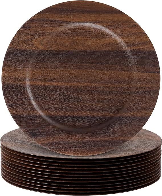 Mifoci 12 Pcs Faux Wooden Charger Plates 13 Inch Round Rustic Plastic Plates Antique Design Bulk Decorative Chargers for Dinner Tray for Wedding Dinner Table Farmhouse Party Event (Dark Brown)