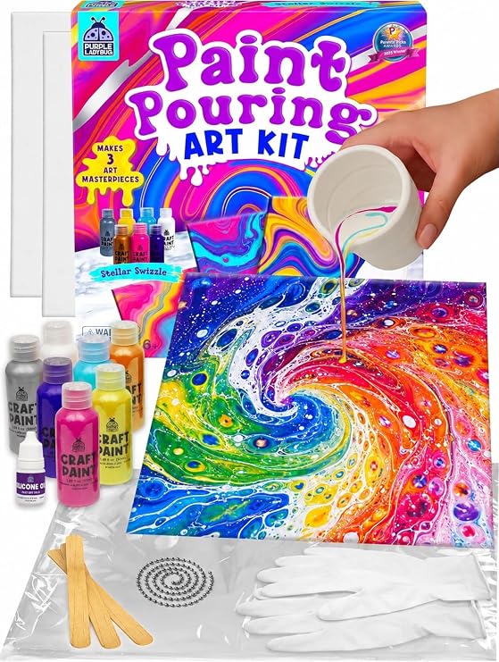 PURPLE LADYBUG Low-Mess Paint Pouring Art with Gloves & Table Cover - Washable & Non-Toxic Kids Painting Kit, Art and Crafts for Kids Ages 8-12, Birthday Gifts for 6+ Years Old, Crafts for Girls 8-12