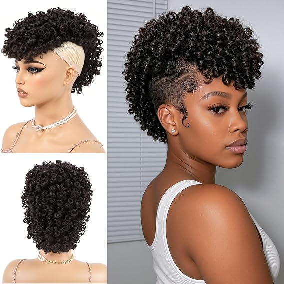 Short Kinky Curly Mohawk Wig for Black Women, Synthetic Afro Puff Hairpiece with Fluffy Ponytail and Adjustable Straps for Daily Use (Brown Black)