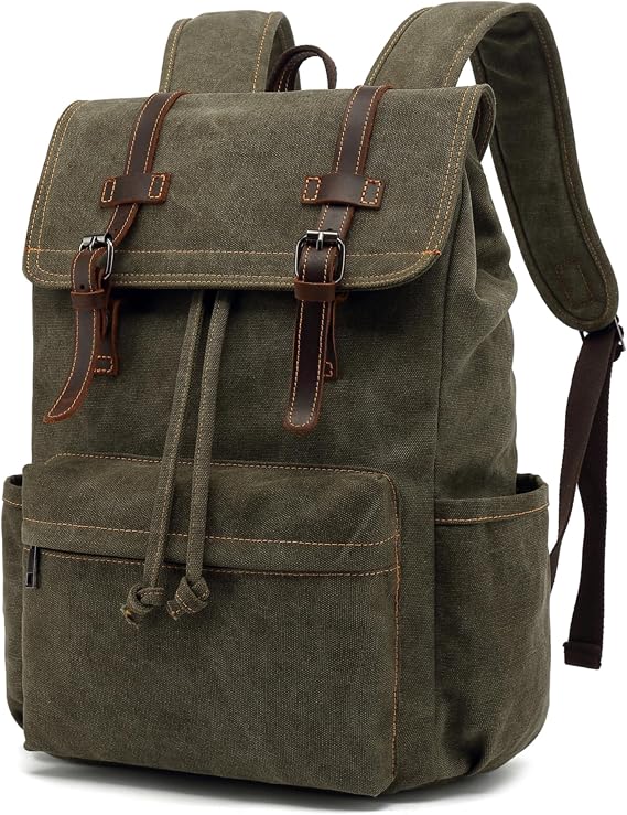 HuaChen Vintage High-Density Canvas Laptop Backpack With Leather Trim, Multi-Pocket Travel Rucksack For Laptop, Durable Hiking & Commuter Bag - M83 Green