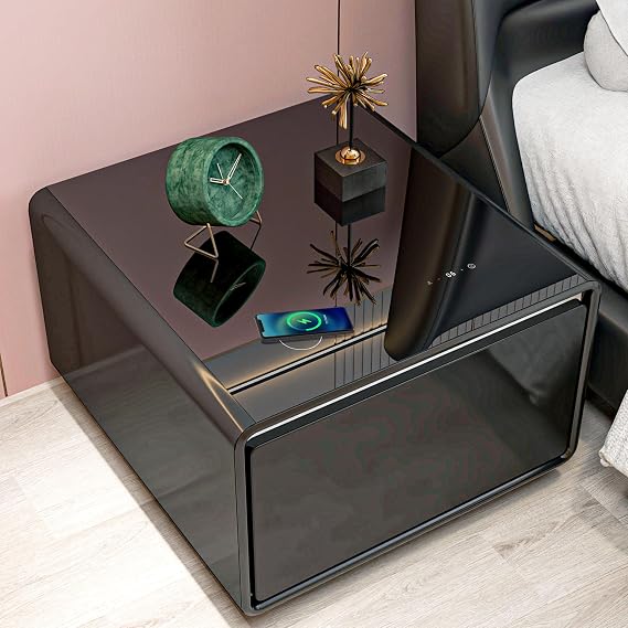 26" Smart Side Table with Wireless Charging Station, Modern Smart Coffee Table with Fridge, Power Socket, Temperature Control, USB Ports and Induction Light, Black Side Table for Living Room, Bedroom