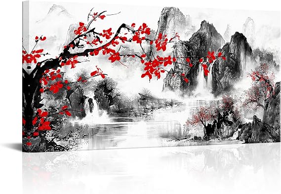 Saypeacher Chinese Ink Painting Wall Art Traditional Chinese Landscape Artwork Black and Red Nature Mountain and Lake Pictures, 24x48inch, Orange