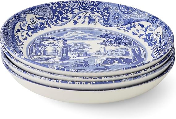 Spode Blue Italian Pasta Bowl, Set of 4 - 9 Inch Shallow Earthenware Serving Bowls with Oriental Border Design - Asian Style Tableware for Salad, Pasta, Noodles, Shared Side Dishes