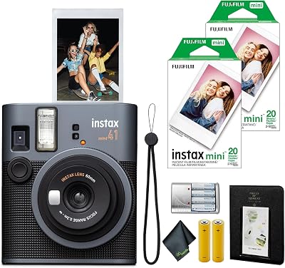 FujiFilm Instax Mini 41 Instant Film Camera Bundle with 2X Fuji Instax-Instant-mini Film Value Pack 40 Sheets  4X Rechargeable AA Batteries with Charger  Photo Album – 64 Pockets  More