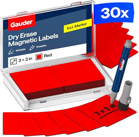 GAUDER Magnetic Dry Erase Labels | 30x Magnetic Labels (3x3 Inches) | Dry Erase Magnets for Classroom, Whiteboard and Blackboard