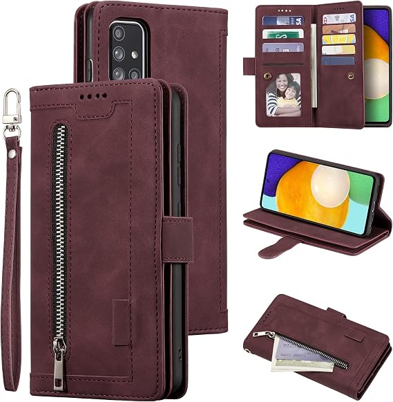 UEEBAI Case for Samsung Galaxy A71, PU Leather Wallet Case Retro Shockproof Flip Case Cover with Card Slots Stand Function, Magnetic Closure - Wine Red