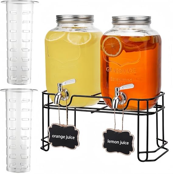4L Glass Drink Dispenser with Tap, 2 Pack Beverage Server | glass water juice container, stainless steel faucet, fruit infuser included, BBQ picnic cocktail party, cold beverage server
