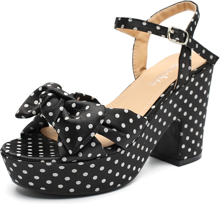 fereshte Women's Bow Platform Sandals, Block Heel, Ankle Strap, Round Open Toe, 4 Inch Heel