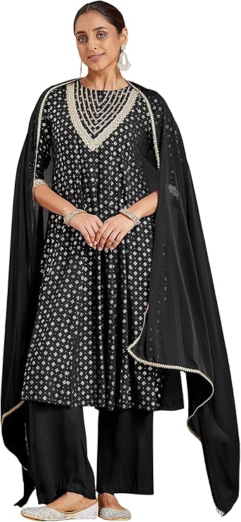 Janasya Indian Women's Rayon Black Foil Print Festive Wear Kurta Set for Women