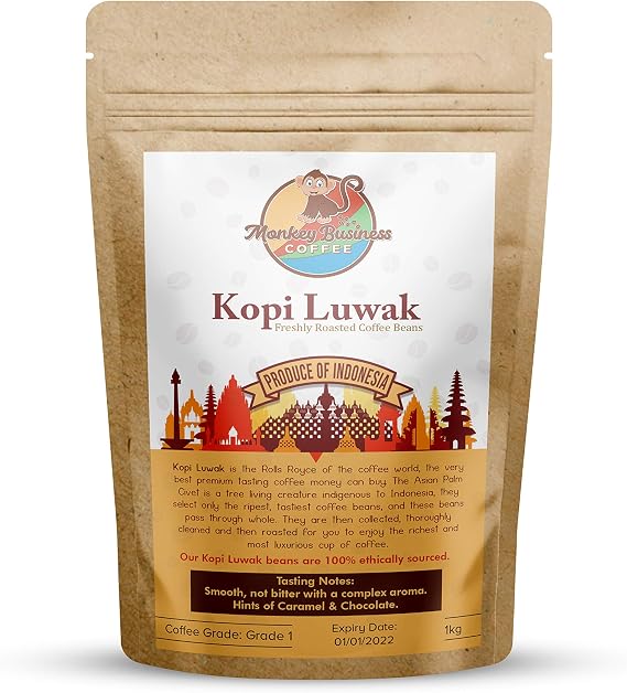 Monkey Business Coffee - Wild Kopi Luwak Coffee Whole Beans - Sustainably Sourced (from Indonesia) - 1 Kilogram