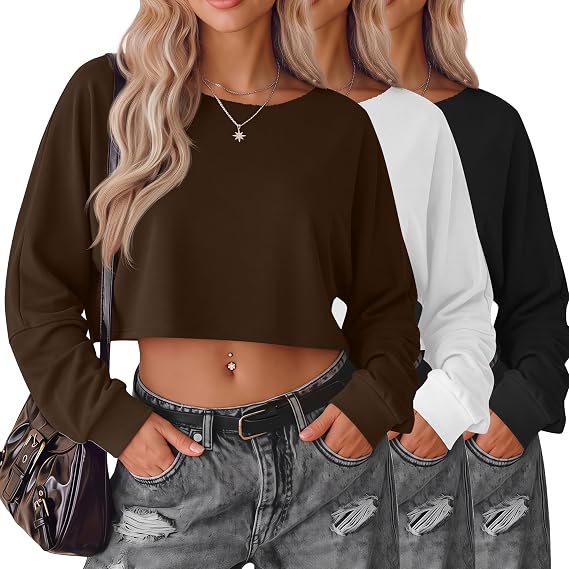 3 Pack Women's Cropped Sweatshirts | Oversized, Lightweight, Crewneck, Long Sleeve, Raw Neckline, Lantern Sleeve Shirts, for Fall Loungewear, Casual, Soft Fabric