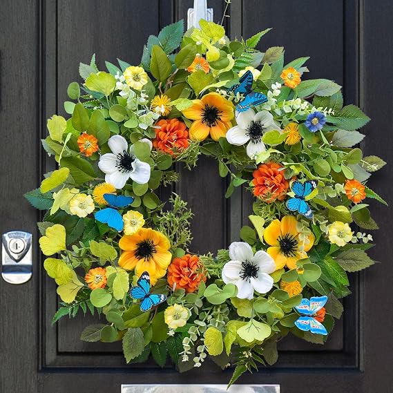 Spring Wreaths for Front Door 24 Inch Summer Wreath Artificial Floral Greenery Wreath with Beautiful Hydrangea Pansies and Butterfly Spring and Summer Wreaths for Front Door Outside