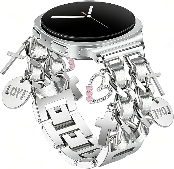 Silver Bracelet Band with Cute Charm Compatible for Samsung Galaxy watch 9 8 40mm/44mm, Metal Replacement Strap for Galaxy Watch 8 Classic 46mm Women