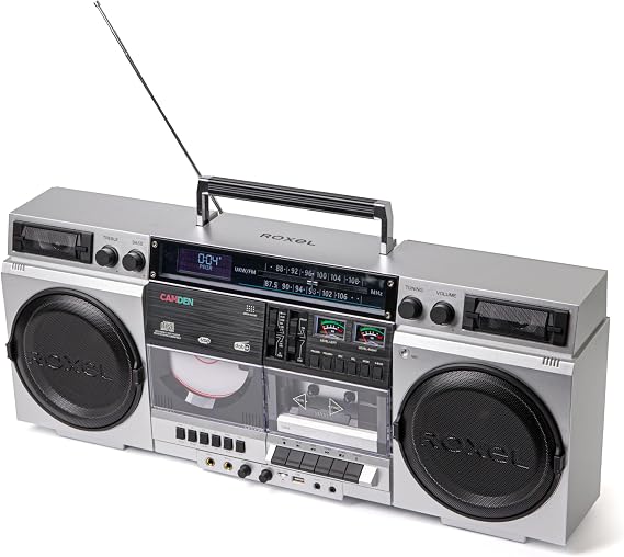 Roxel Camden Retro Cassette CD Player Boombox with DAB/FM Radio, Portable Vintage Player, BT 5.3, USB/TF/SD Playback, Mains Power, Headphone Jack, Vintage Design (Silver)
