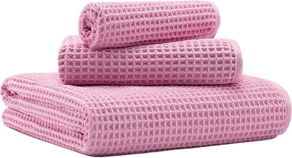 MICROFI Microfiber Waffle Bath Towels, 3 Pieces, Oversized, Soft, Absorbent, Fast Drying, Lint Free, Includes Bath, Face and Hand Towels 430 GSM