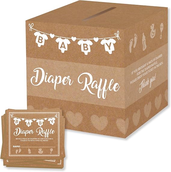 Party Hearty Diaper Raffle Tickets & Box, Baby Shower Game - Kraft