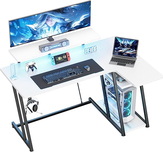HOMIDEC Gaming Desk with LED Lights, 120CM Computer Desk with Monitor Stand, L Shaped Corner Desk with Headphone Hook and Shelves for Gaming Room, Bedroom, Office, White