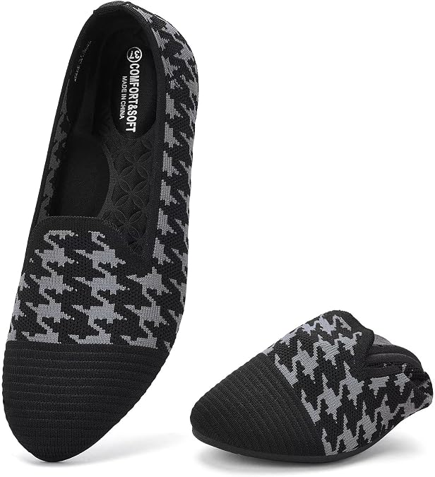 poemlady Womens Ballet Flat Shoes Dress Knit Round Toe Slip On Ballerina Walking Flats Shoes for Woman Casual Comfort Soft, A/Black/Gray 11