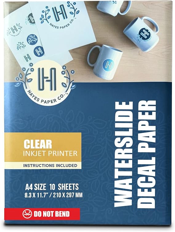 Hayes Waterslide Decal Paper for Inkjet Printers | 10 Clear A4 Sheets (8.25x11.7") | Quick Dry, Strong Adhesion, Easy Application | Premium Water Transfer Paper 200gsm Thickness for DIY Crafts