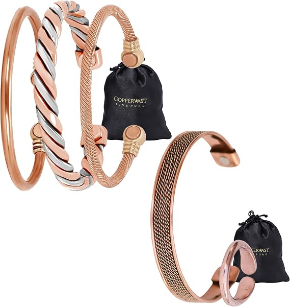 Set of 3 Copper Bracelets for Women + Copper Bracelet with Ring | 100% Copper with Powerful Therapy Magnets Effective and Natural Relief